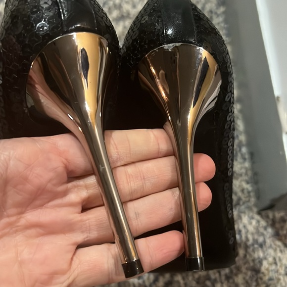 Aldo Black Sequin Extra Pointy Silver Heel Stilleto Party Heels - Picture 8 of 10